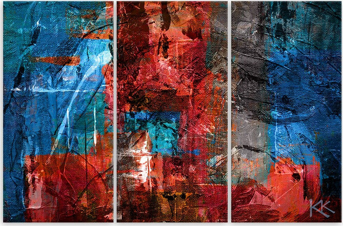 Quadro-su-tela-3-pannelli,-Abstrazione-dipinta-a-mano-rossa