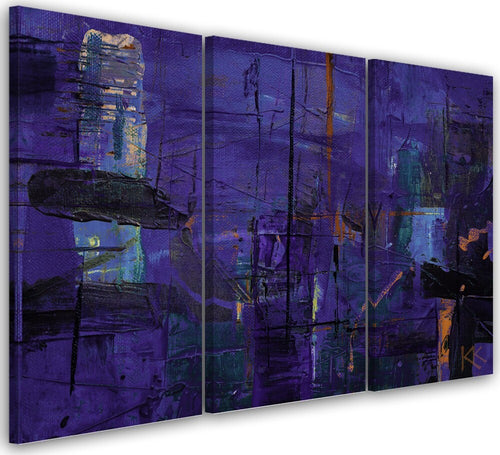 Quadro-su-tela-3-pannelli,-Astrazione-dipinta-a-mano-viola