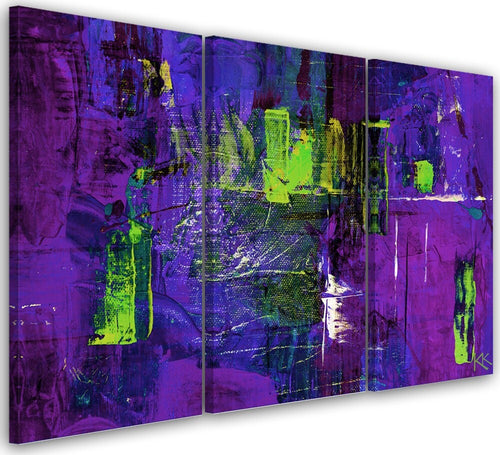 Quadro-su-tela-3-pannelli,-Astrazione-dipinta-a-mano-viola