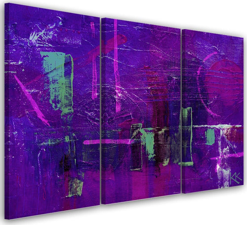 Quadro-su-tela-3-pannelli,-Astrazione-dipinta-a-mano-viola