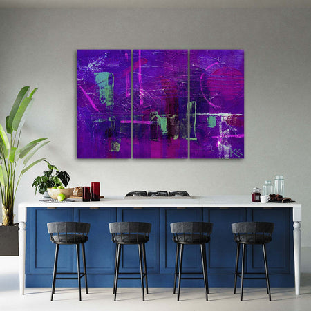 Quadro-su-tela-3-pannelli,-Astrazione-dipinta-a-mano-viola