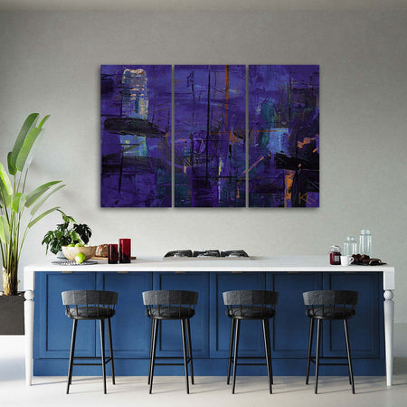 Quadro-su-tela-3-pannelli,-Astrazione-dipinta-a-mano-viola