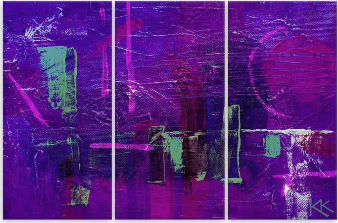 Quadro-su-tela-3-pannelli,-Astrazione-dipinta-a-mano-viola