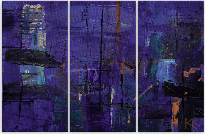 Quadro-su-tela-3-pannelli,-Astrazione-dipinta-a-mano-viola