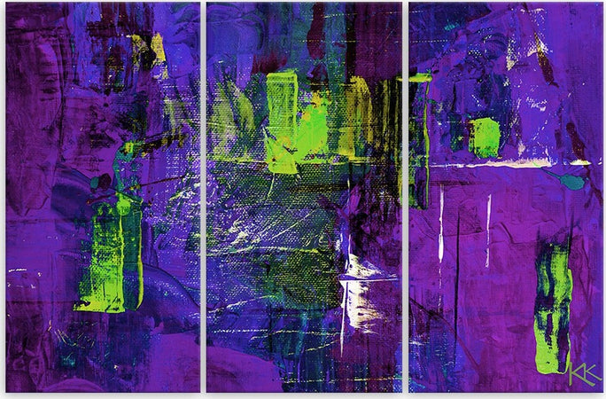 Quadro-su-tela-3-pannelli,-Astrazione-dipinta-a-mano-viola
