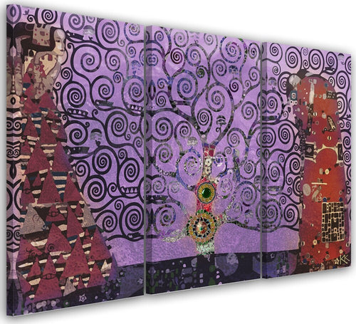 Quadro-su-tela-3-pannelli,-Astrazione-viola-dell'albero-della-vita