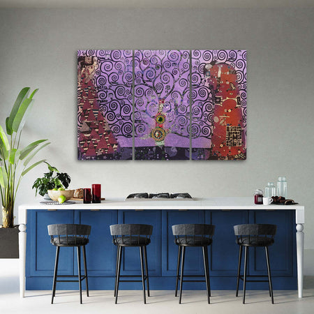 Quadro-su-tela-3-pannelli,-Astrazione-viola-dell'albero-della-vita