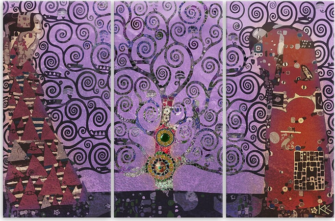 Quadro-su-tela-3-pannelli,-Astrazione-viola-dell'albero-della-vita