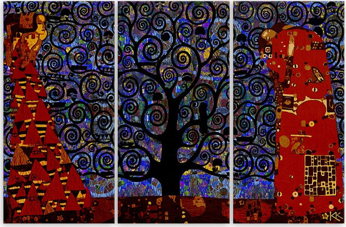 Quadro-su-tela-3-pannelli,-Blue-Tree-of-Life-Abstraction