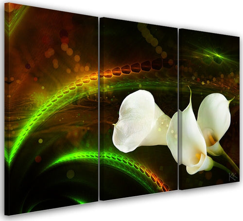 Quadro-su-tela-3-pannelli,-Fiore-bianco-sullo-sfondo-marrone