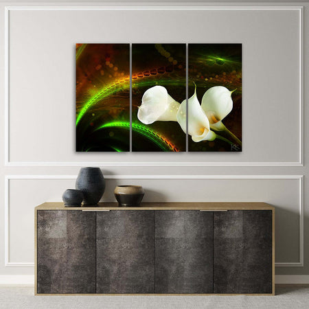 Quadro-su-tela-3-pannelli,-Fiore-bianco-sullo-sfondo-marrone