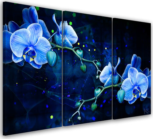 Quadro-su-tela-3-pannelli,-Fiore-di-orchidea-blu
