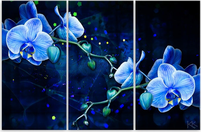 Quadro-su-tela-3-pannelli,-Fiore-di-orchidea-blu