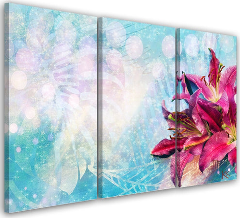 Quadro-su-tela-3-pannelli,-Fiori-rosa-su-uno-sfondo-blu