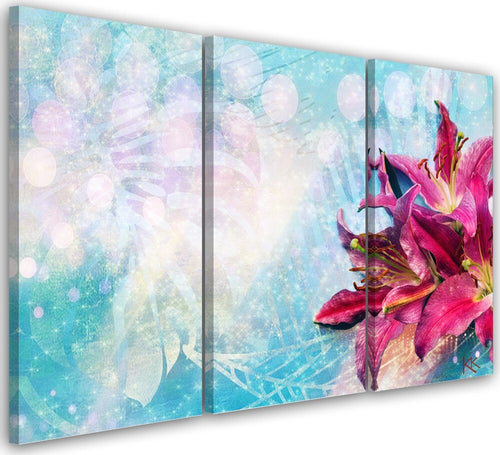 Quadro-su-tela-3-pannelli,-Fiori-rosa-su-uno-sfondo-blu