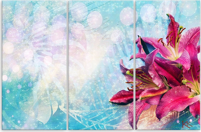 Quadro-su-tela-3-pannelli,-Fiori-rosa-su-uno-sfondo-blu