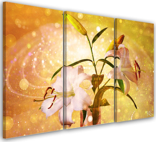 Quadro-su-tela-3-pannelli,-Lily-su-uno-sfondo-giallo