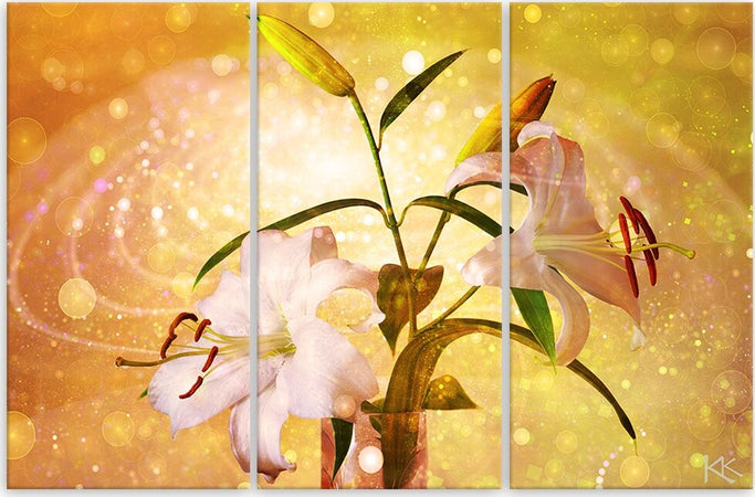 Quadro-su-tela-3-pannelli,-Lily-su-uno-sfondo-giallo