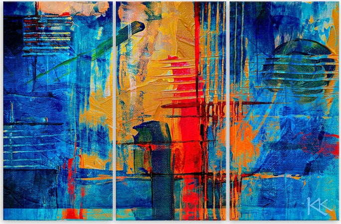 Quadro-su-tela-3-pannelli,-Mano-di-astrazione-blu-pinto