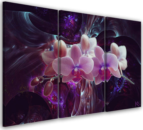 Quadro-su-tela-3-pannelli,-Orchidea-bianca-su-uno-sfondo-scuro