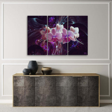 Quadro-su-tela-3-pannelli,-Orchidea-bianca-su-uno-sfondo-scuro