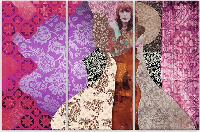 Quadro-su-tela-3-pannelli,-Una-donna-su-uno-sfondo-decorativo