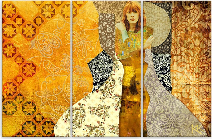 Quadro-su-tela-3-pannelli,-Una-donna-su-uno-sfondo-decorativo