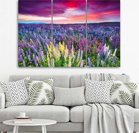 Quadro-su-tela-3-pezzi-Campo-di-lavanda-Natura