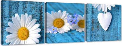 Quadro-su-tela-3-pezzi-Margherite-e-cuore-blu