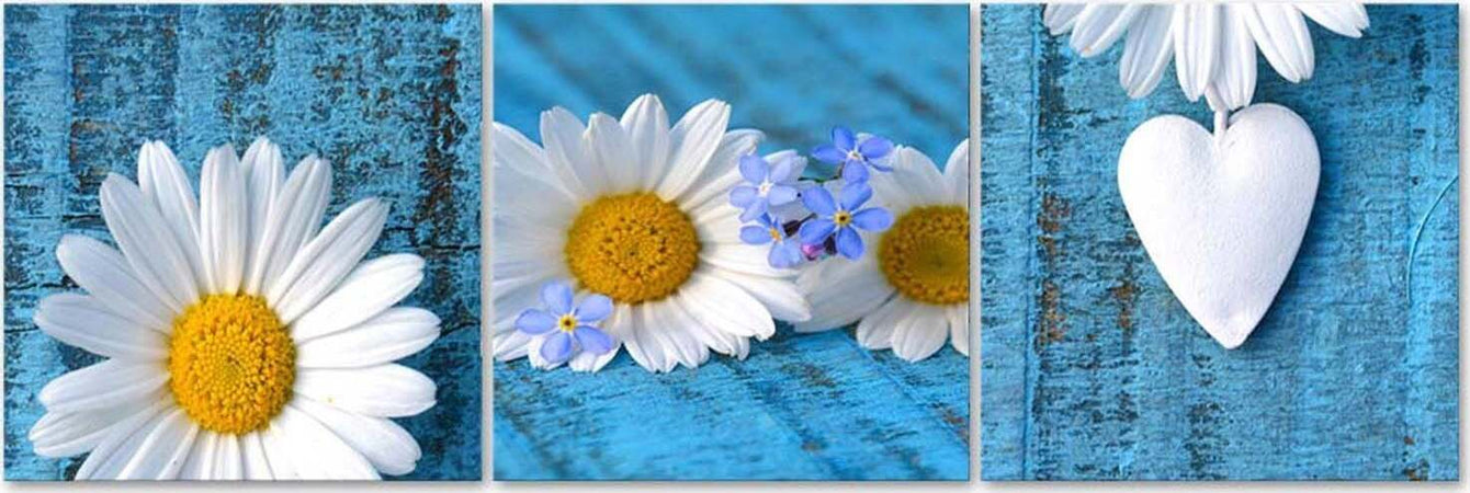 Quadro-su-tela-3-pezzi-Margherite-e-cuore-blu
