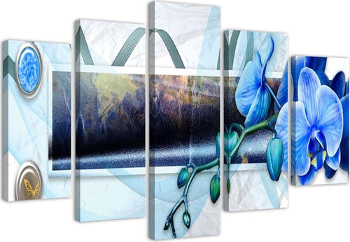 Quadro-su-tela-5-pannelli-Astratto-di-orchidea-blu