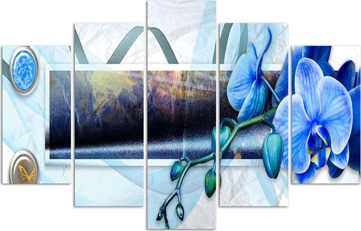 Quadro-su-tela-5-pannelli-Astratto-di-orchidea-blu