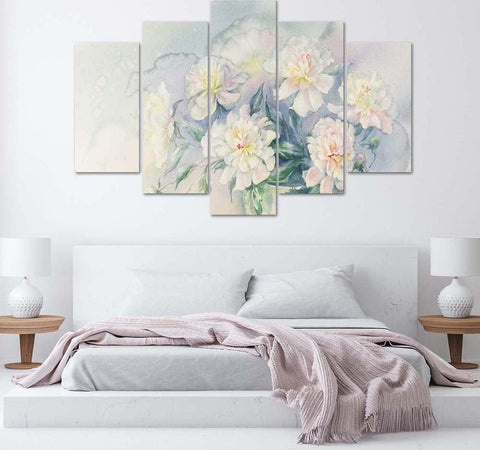 Quadro-su-tela-5-pannelli-Bouquet-di-fiori-bianco
