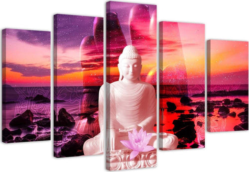 Quadro-su-tela-5-pannelli-Buddha-Mare-al-tramonto