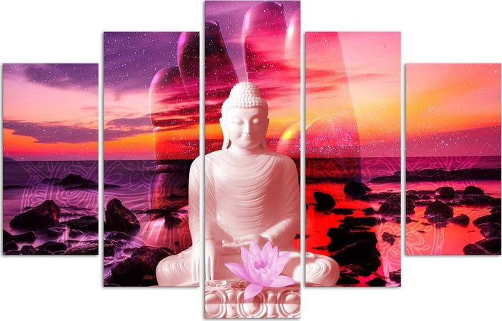 Quadro-su-tela-5-pannelli-Buddha-Mare-al-tramonto