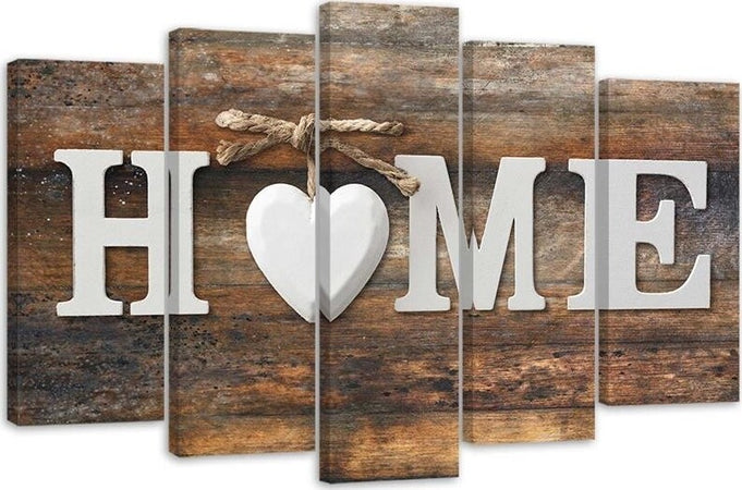 Quadro-su-tela-5-pannelli-Casa-Cuore-Marrone-Retro