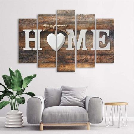 Quadro-su-tela-5-pannelli-Casa-Cuore-Marrone-Retro