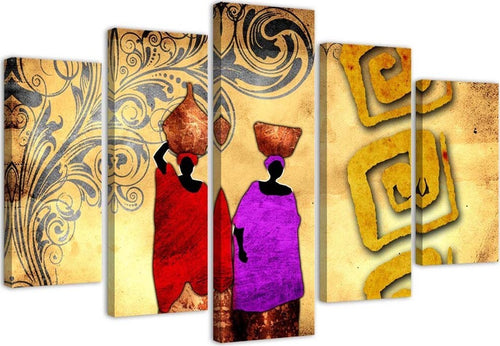 Quadro-su-tela-5-pannelli-Dipingere-l'Africa-Donne-colorate