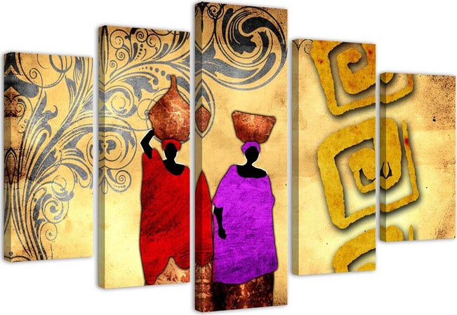 Quadro-su-tela-5-pannelli-Dipingere-l'Africa-Donne-colorate