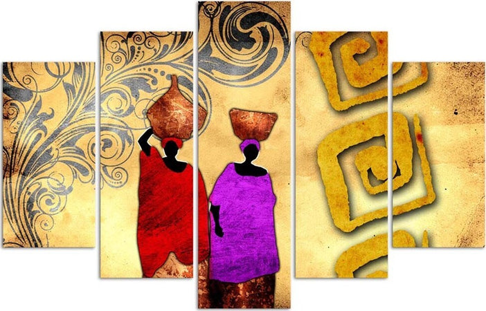 Quadro-su-tela-5-pannelli-Dipingere-l'Africa-Donne-colorate