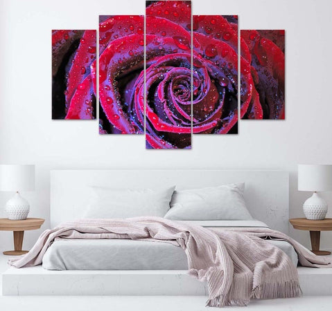 Quadro-su-tela-5-pannelli-Fiore-di-rosa-rosso