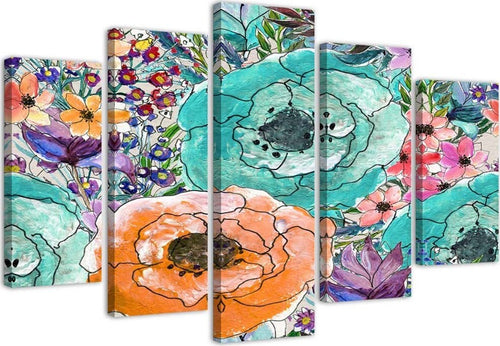 Quadro-su-tela-5-pannelli-Fiori-colorati-astratti