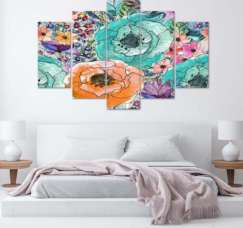 Quadro-su-tela-5-pannelli-Fiori-colorati-astratti