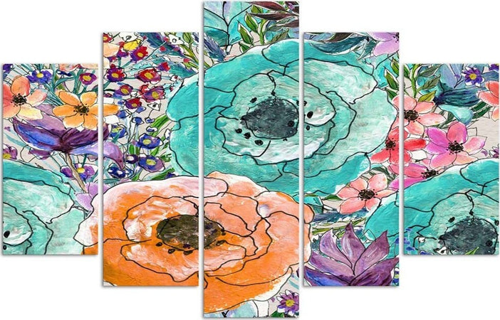 Quadro-su-tela-5-pannelli-Fiori-colorati-astratti