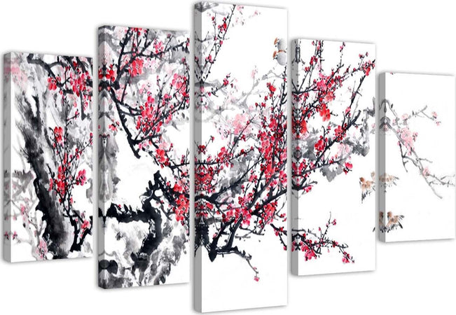 Quadro-su-tela-5-pannelli-Fiori-di-ciliegio-giapponesi