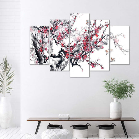 Quadro-su-tela-5-pannelli-Fiori-di-ciliegio-giapponesi