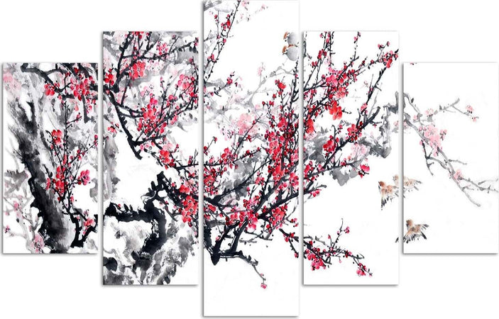 Quadro-su-tela-5-pannelli-Fiori-di-ciliegio-giapponesi