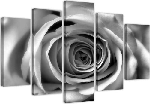 Quadro-su-tela-5-pannelli-Fiori-di-rosa-in-bianco-e-nero