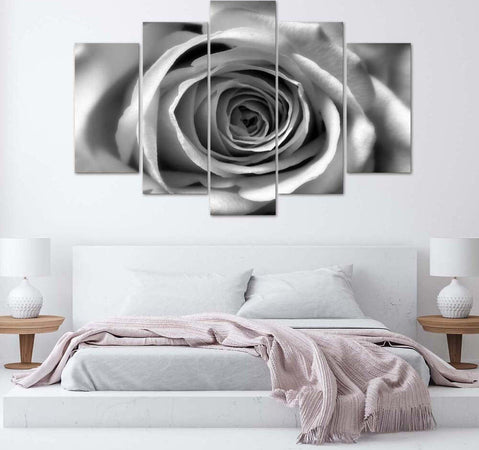 Quadro-su-tela-5-pannelli-Fiori-di-rosa-in-bianco-e-nero