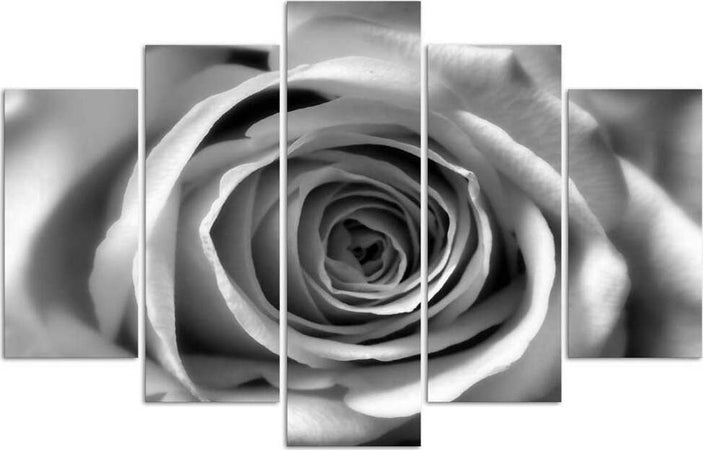 Quadro-su-tela-5-pannelli-Fiori-di-rosa-in-bianco-e-nero